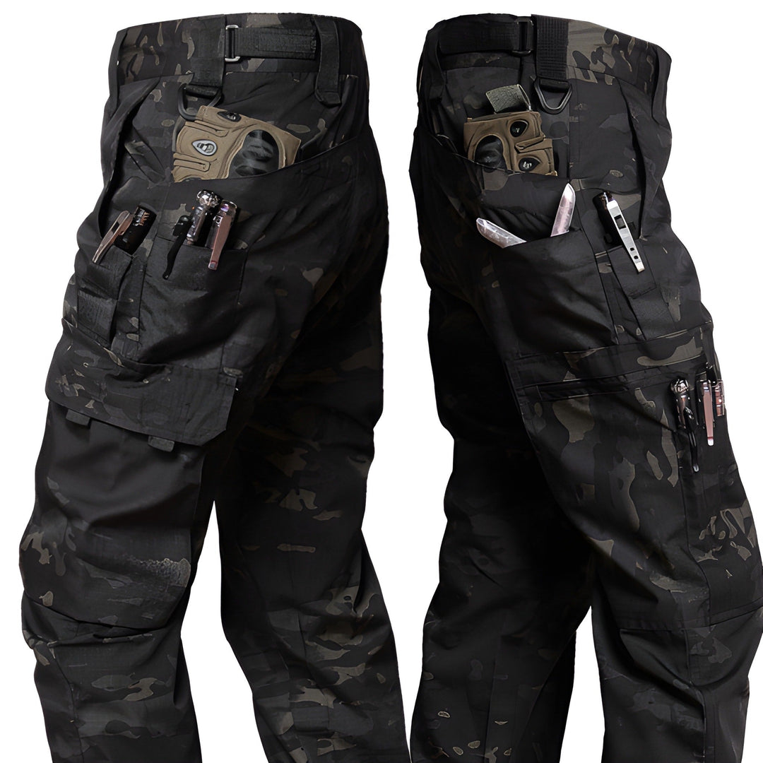 Men's Tactical Cargo Pants - Durable Outdoor Work Trousers - Camo-Black