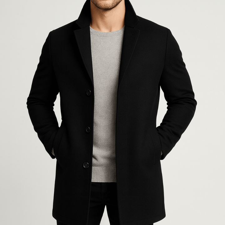 Men's Tailored Trench Coat - Winter Button Closure - Black