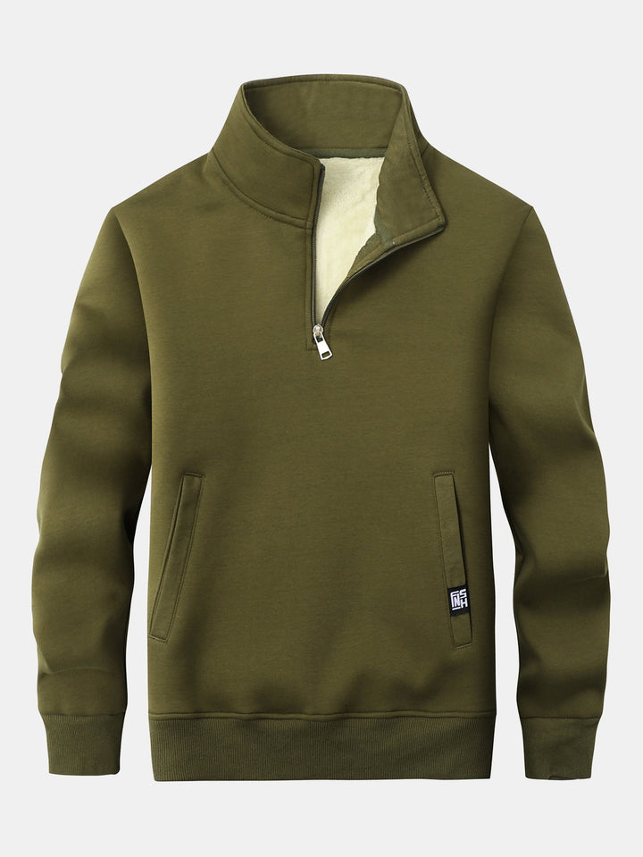 Men's Teddy Fleece Quarter-Zip Sweatshirt – Warm Pullover - Olive Green