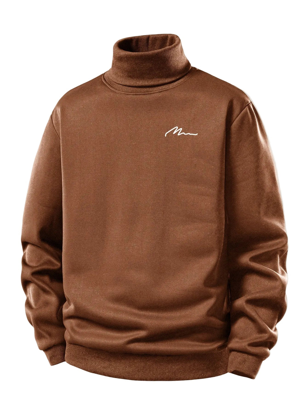 Men's Teddy Fleece Roll Neck Sweatshirt – Minimalist Chest Print - Brown