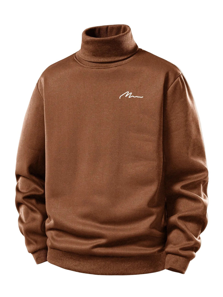 Men's Teddy Fleece Roll Neck Sweatshirt – Minimalist Chest Print - Brown