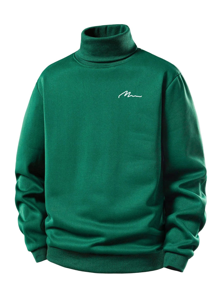 Men's Teddy Fleece Roll Neck Sweatshirt – Minimalist Chest Print - Dark Green