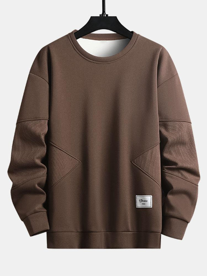Men's Textured Patchwork Crew Neck Sweatshirt – Relaxed Fit - Brown