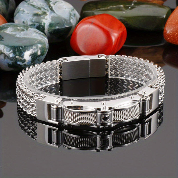 Men's Titanium Bracelet with Magnetic Clasp – Square Design - Silver