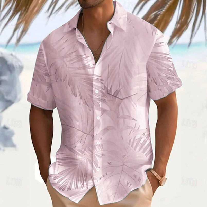 Men's Tropical Print Short Sleeve Shirt in pink, Relaxed Fit
