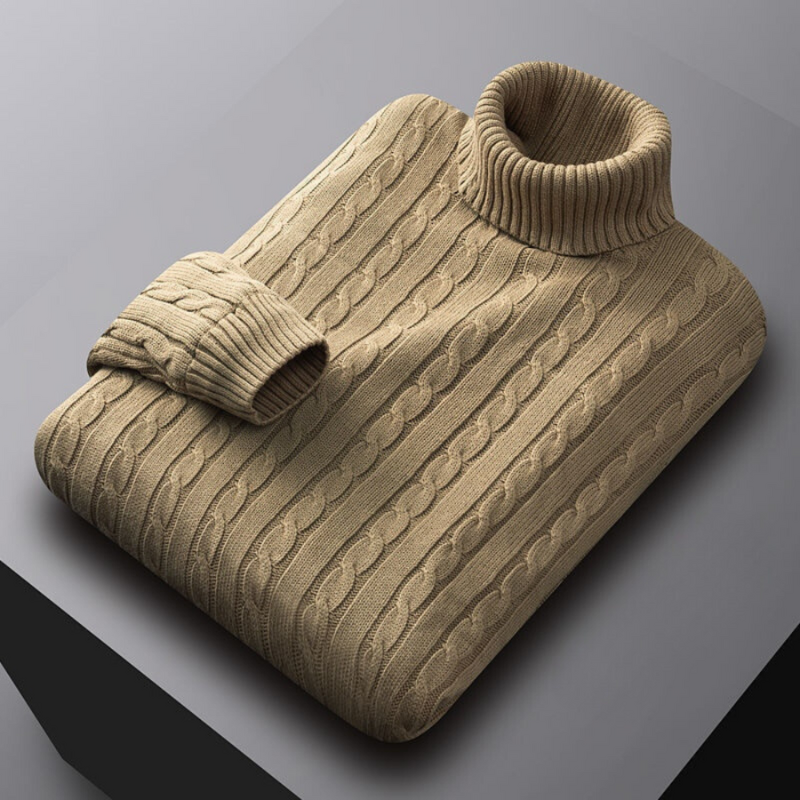Men's Turtleneck Sweater - Loose Fit Knit - Brown