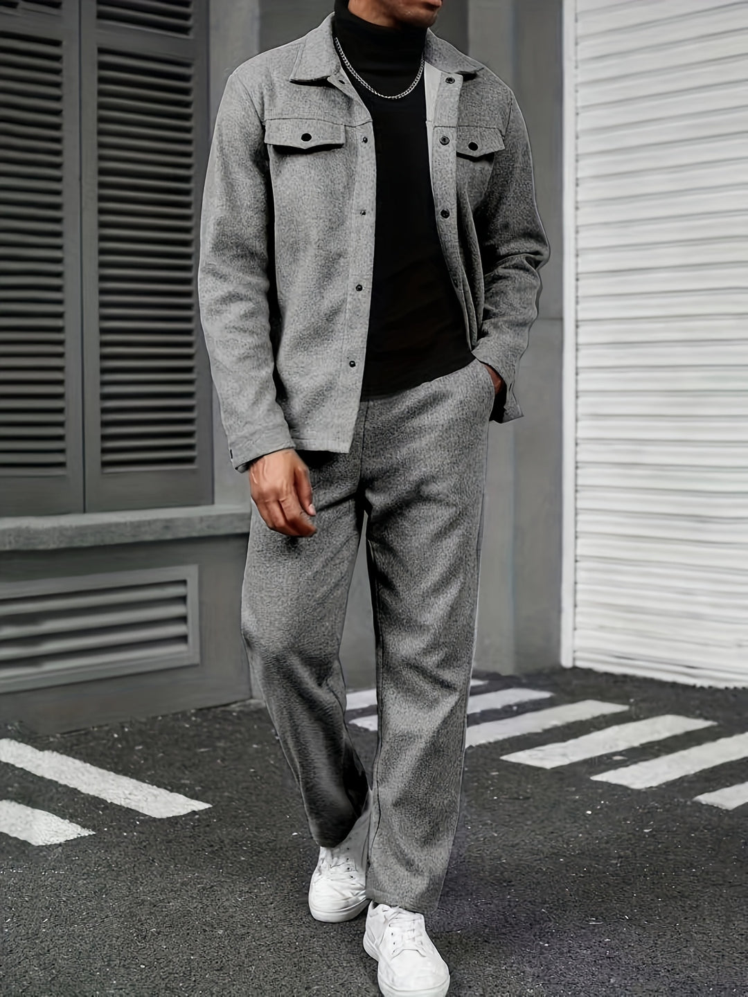 Men's Two-Piece Set - Relaxed Fit Solid Color Spring & Fall