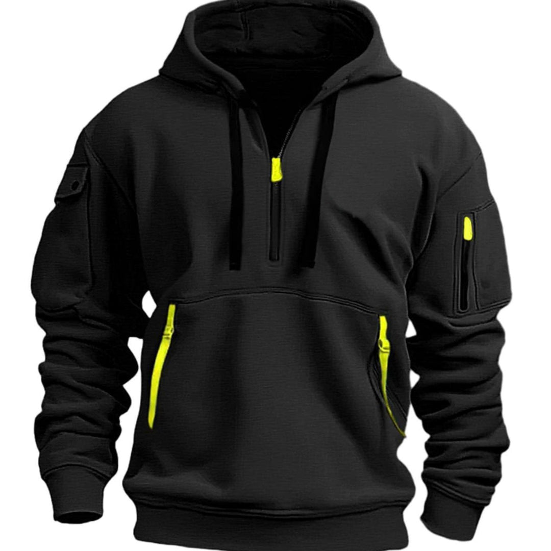 Men's Utility-Pocket Quarter-Zip Hoodie in black, Workwear Style