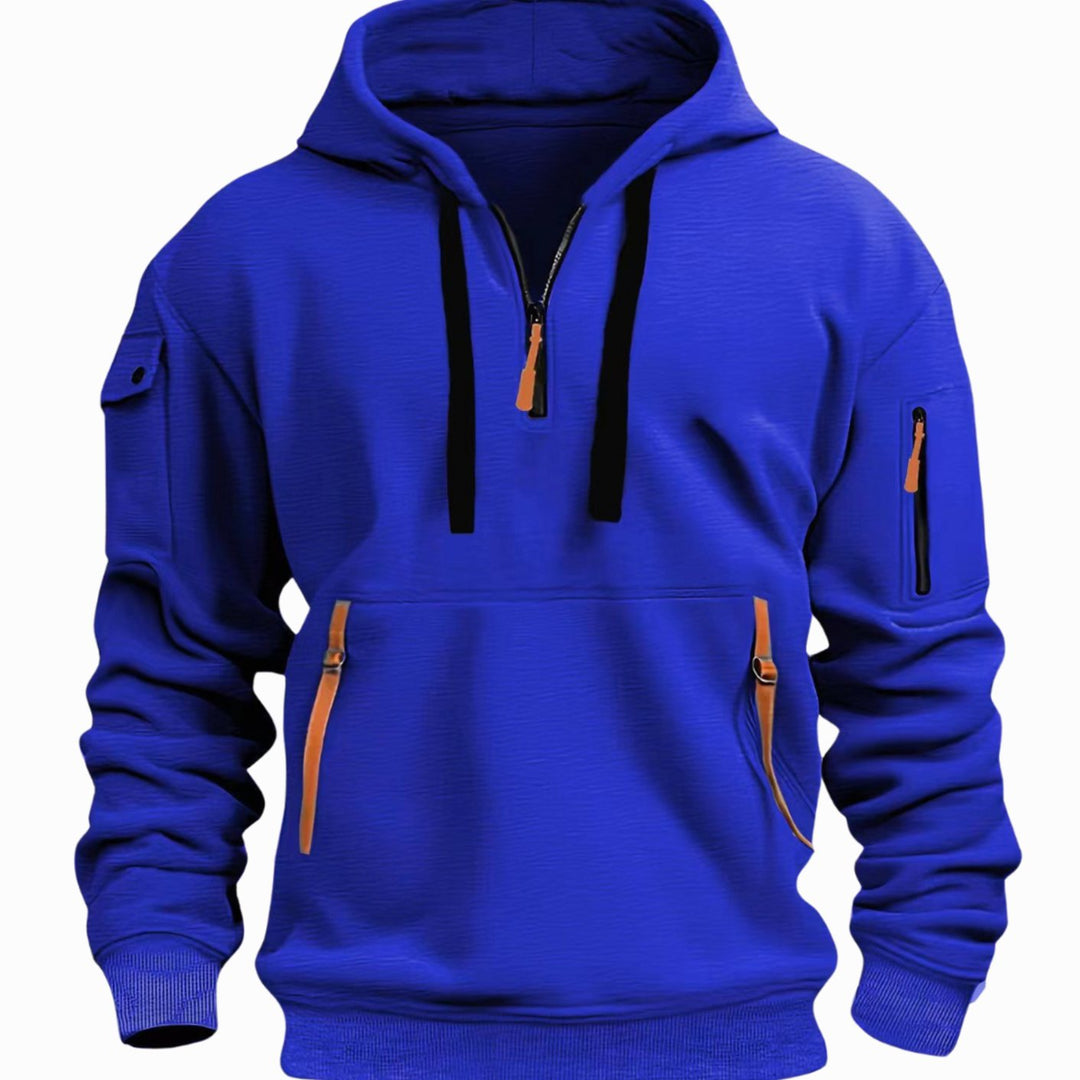 Men's Utility-Pocket Quarter-Zip Hoodie in blue, Workwear Style