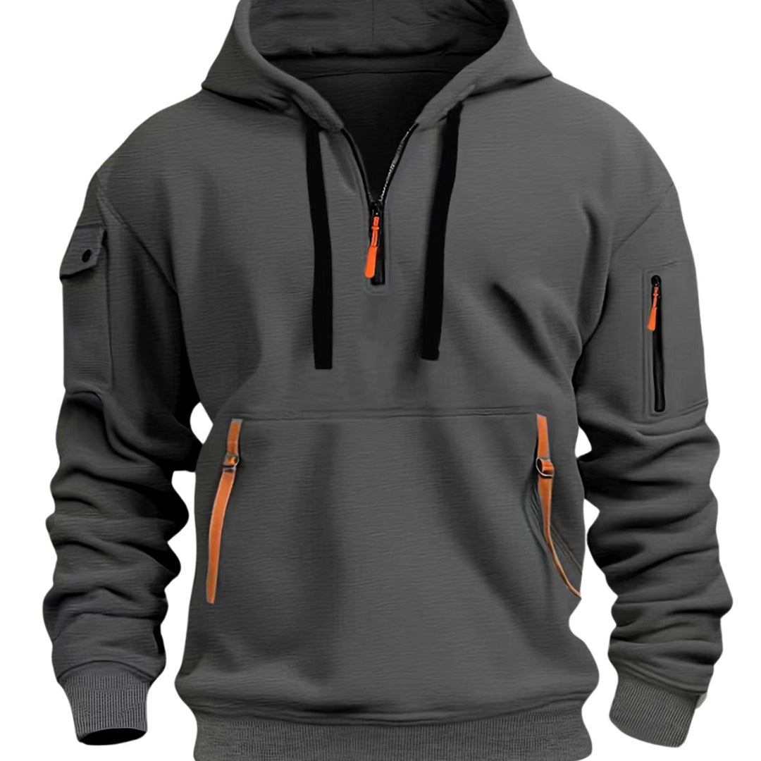 Men's Utility-Pocket Quarter-Zip Hoodie in dark grey, Workwear Style
