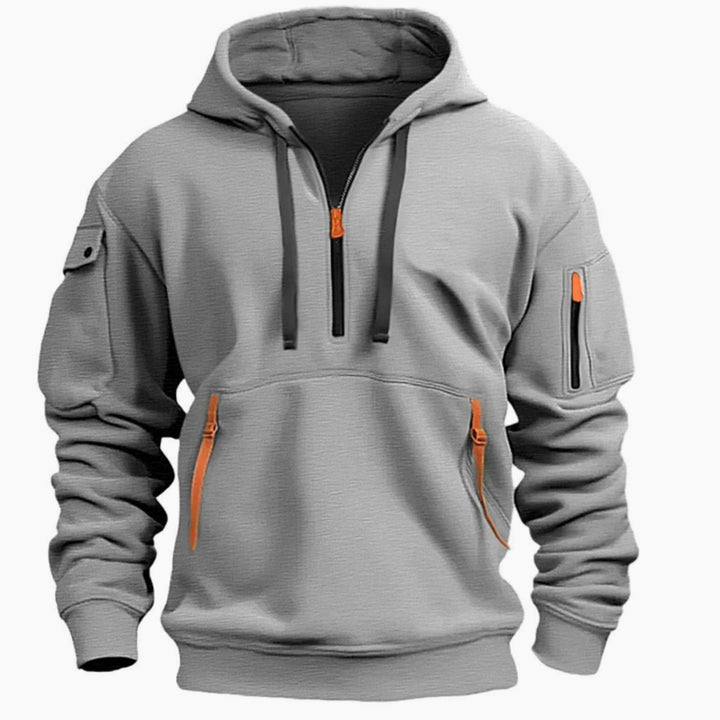 Men's Utility-Pocket Quarter-Zip Hoodie in light grey, Workwear Style