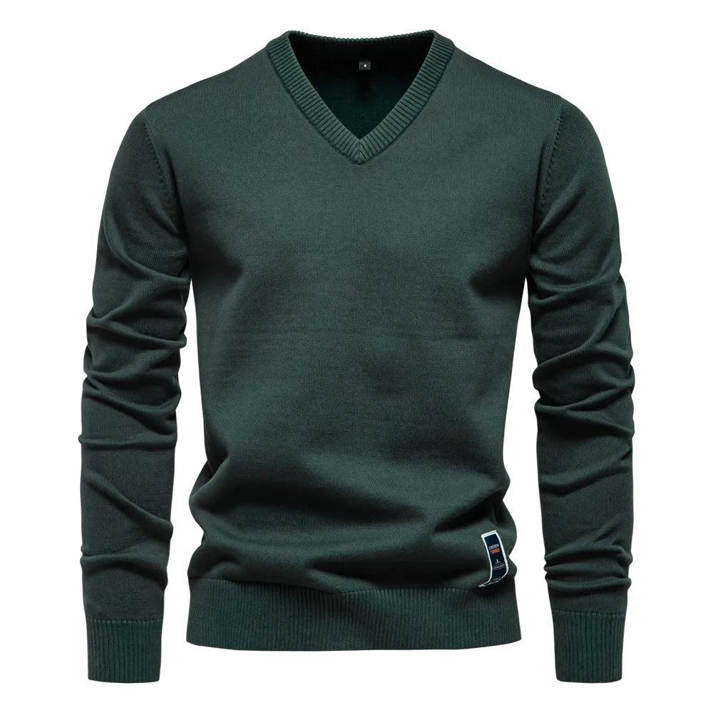 Men's V-Neck Pullover Sweater - Classic Refined Style - Green