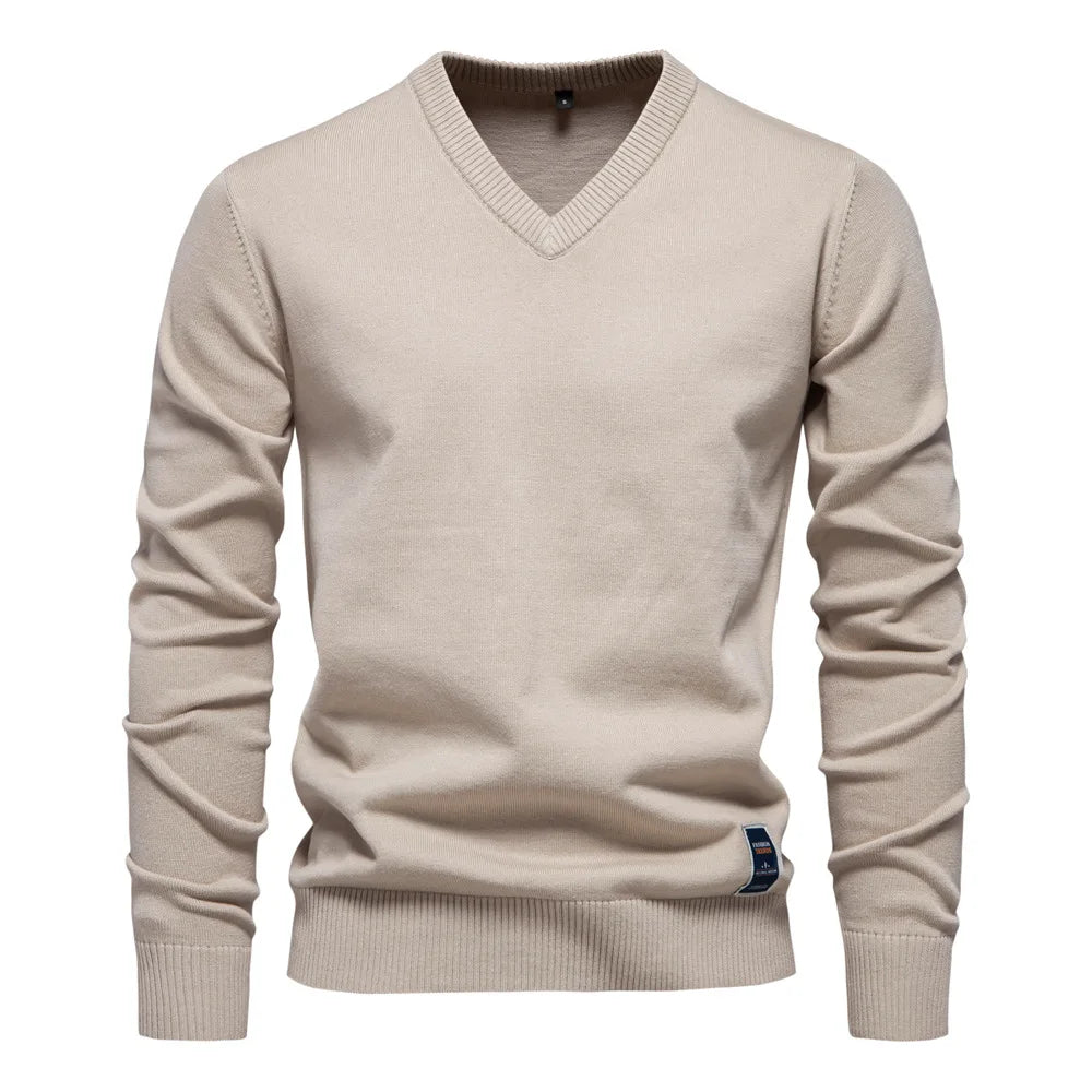Men's V-Neck Pullover Sweater - Classic Refined Style - Khaki