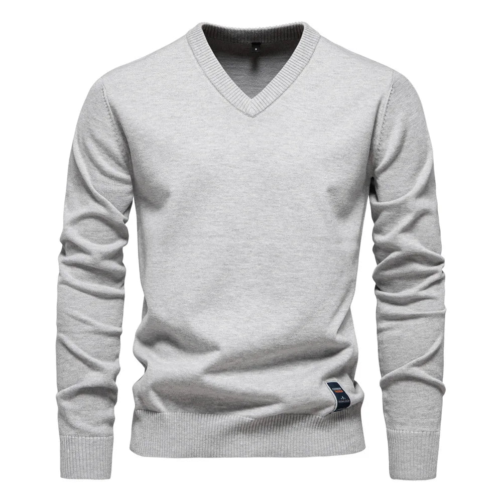 Men's V-Neck Pullover Sweater - Classic Refined Style - Light Grey