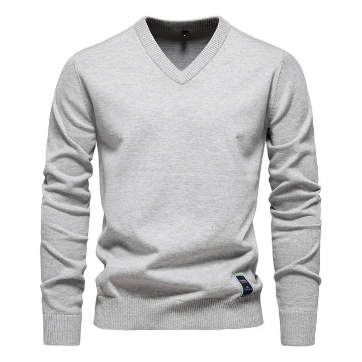 Men's V-Neck Pullover Sweater - Classic Refined Style - Light Grey