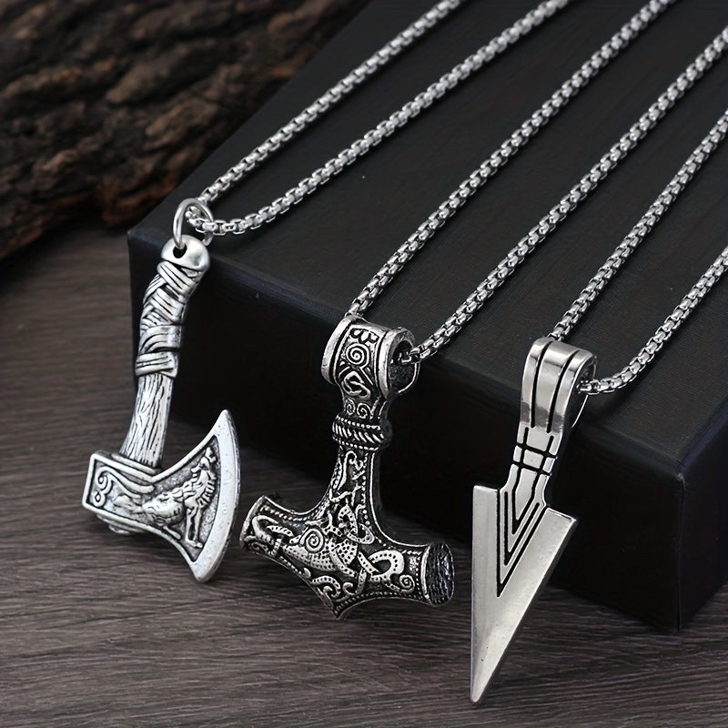 Men's Viking Chain Necklace Set - Norse Symbols 3-Piece - Silver