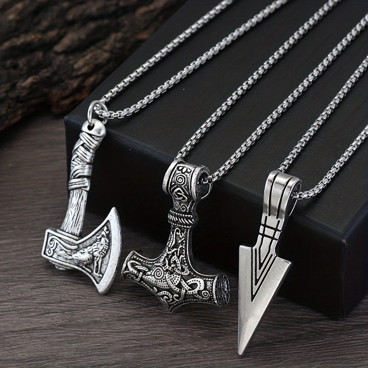 Men's Viking Chain Necklace Set - Norse Symbols 3-Piece - Silver