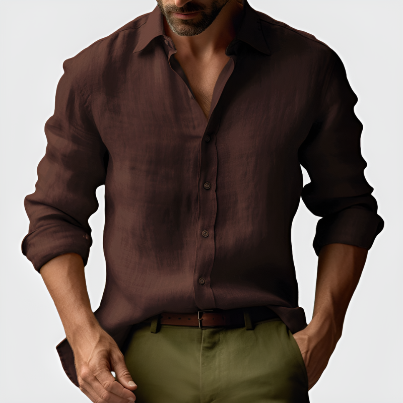 Men's Vintage Long Sleeve Shirt - Classic Button-Up - Brown