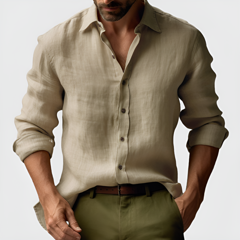 Men's Vintage Long Sleeve Shirt - Classic Button-Up - Khaki