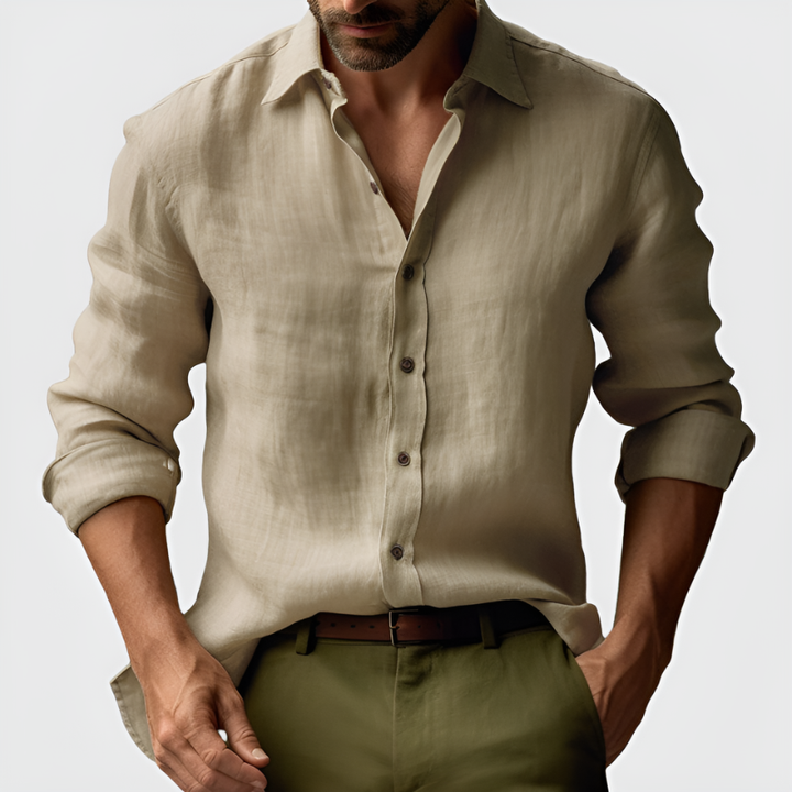 Men's Vintage Long Sleeve Shirt - Classic Button-Up - Khaki