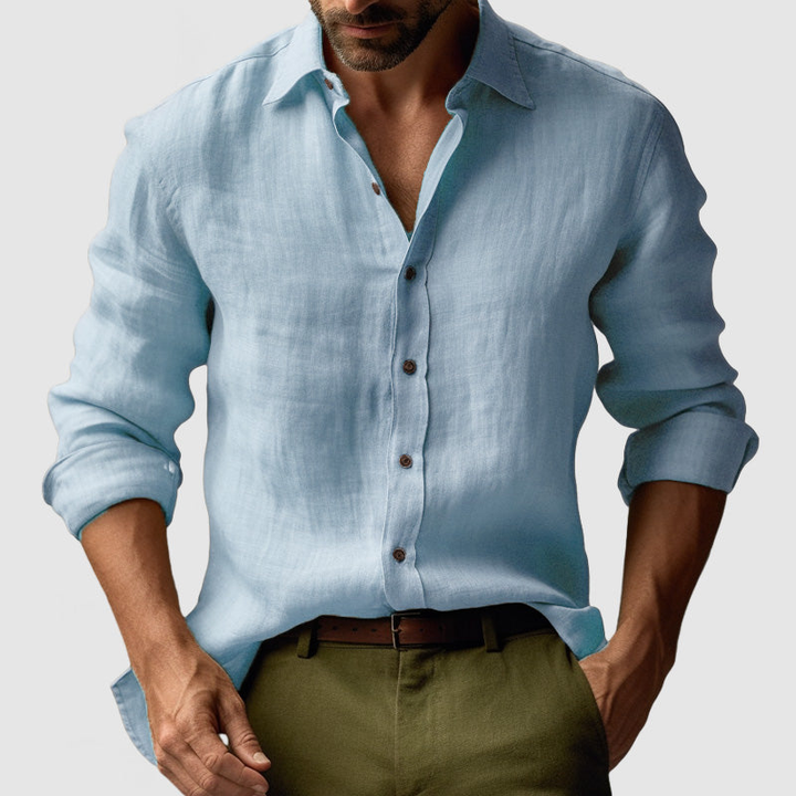 Men's Vintage Long Sleeve Shirt - Classic Button-Up - Light Blue