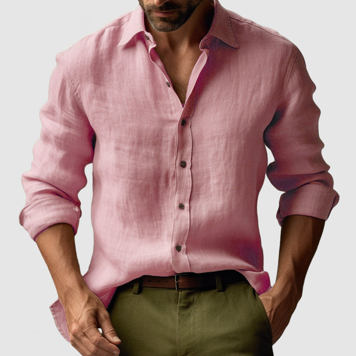 Men's Vintage Long Sleeve Shirt - Classic Button-Up - Pink