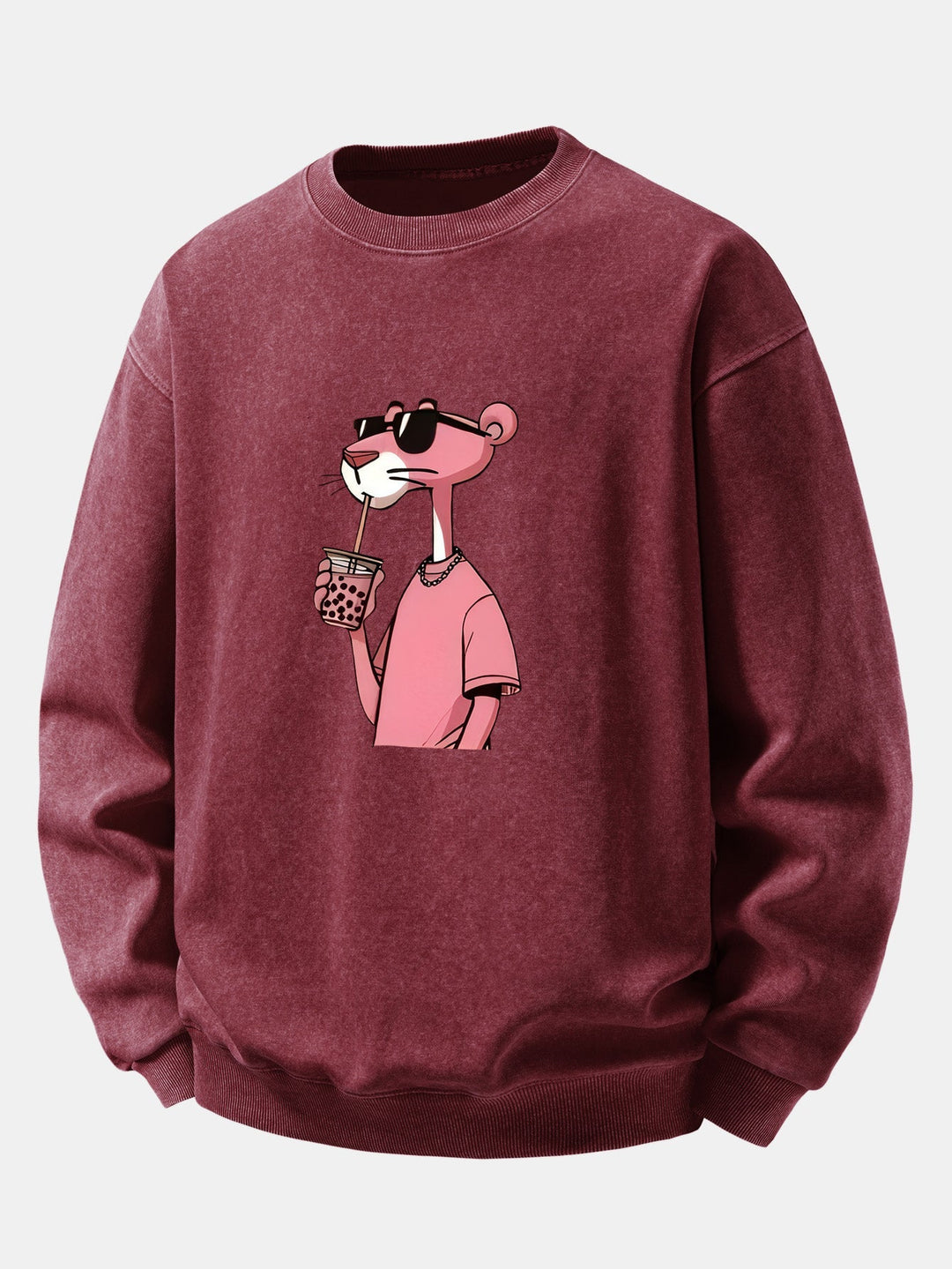 Men's Vintage Washed Cotton Sweatshirt – Relaxed Fit Crew Neck - Wine Red