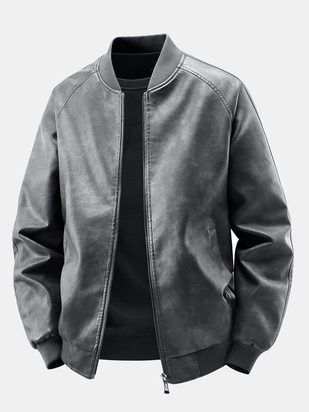 Men's Vintage Washed Faux Leather Bomber Jacket in dark grey, Relaxed Fit