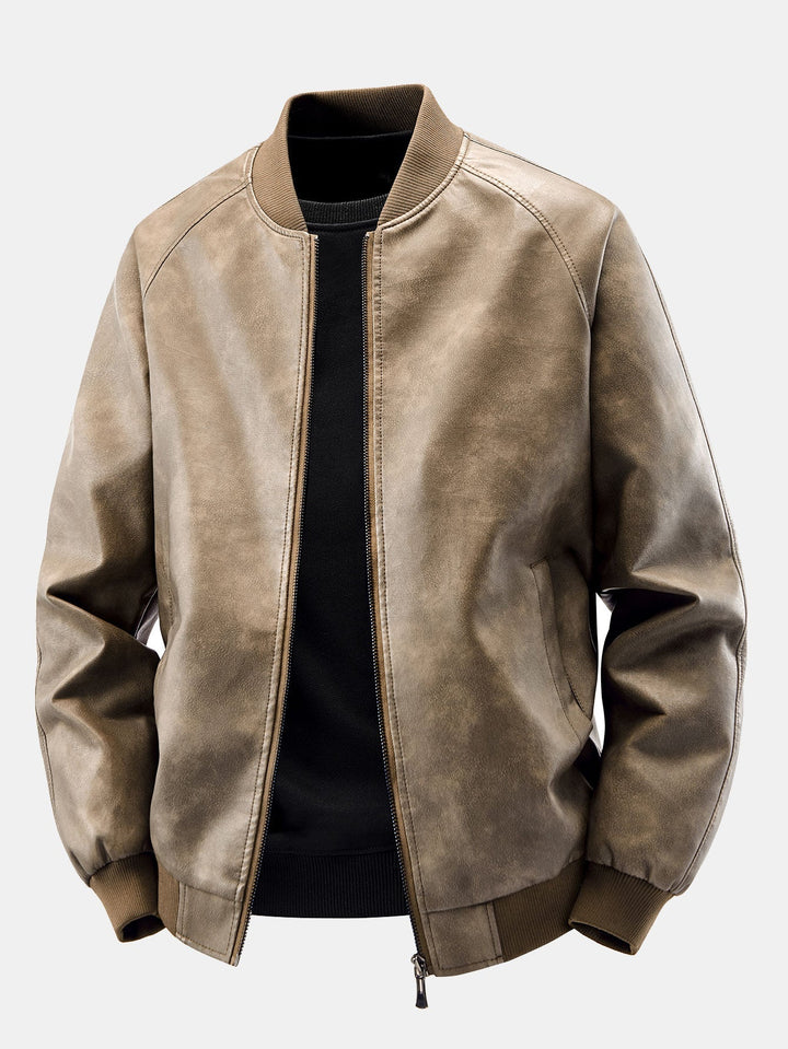 Men's Vintage Washed Faux Leather Bomber Jacket in taupe, Relaxed Fit