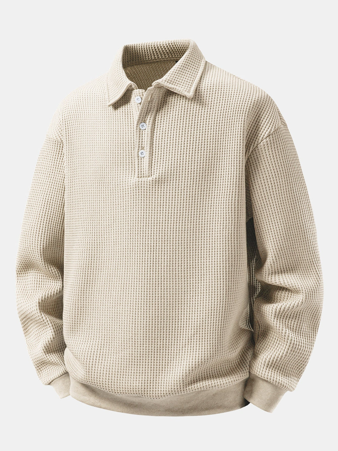 Men's Waffle Textured Polo Sweatshirt – Relaxed Fit Long Sleeve - Beige