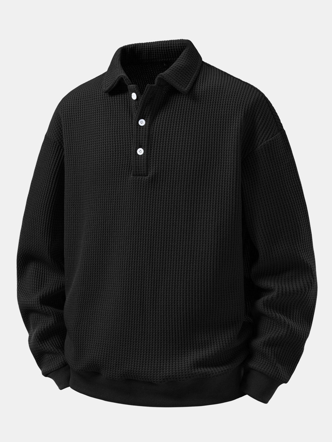 Men's Waffle Textured Polo Sweatshirt – Relaxed Fit Long Sleeve - Black