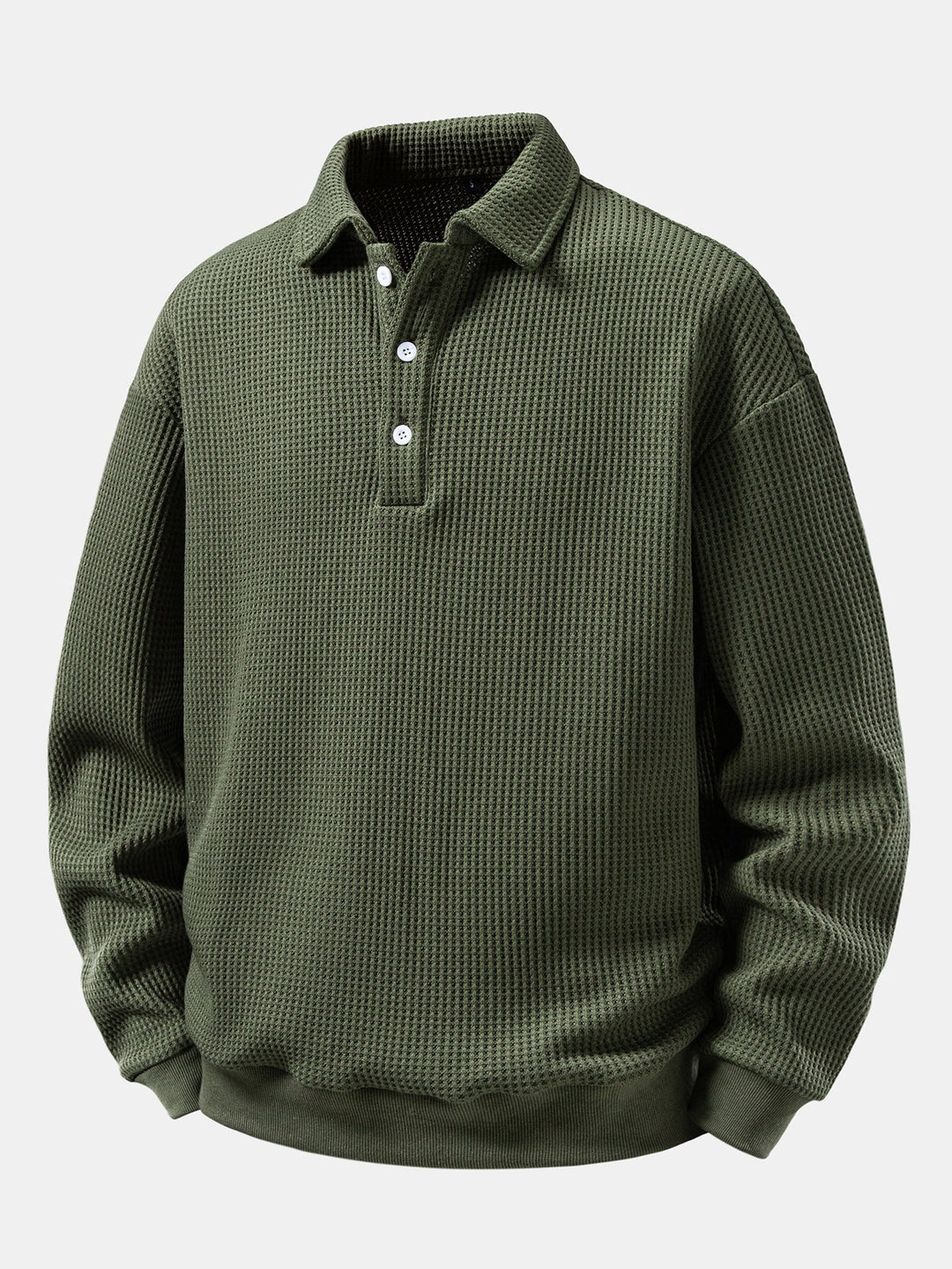 Men's Waffle Textured Polo Sweatshirt – Relaxed Fit Long Sleeve - Dark Green