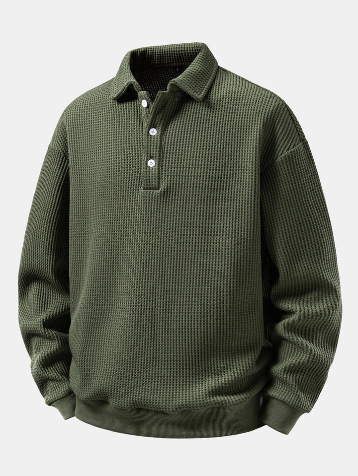 Men's Waffle Textured Polo Sweatshirt – Relaxed Fit Long Sleeve - Dark Green