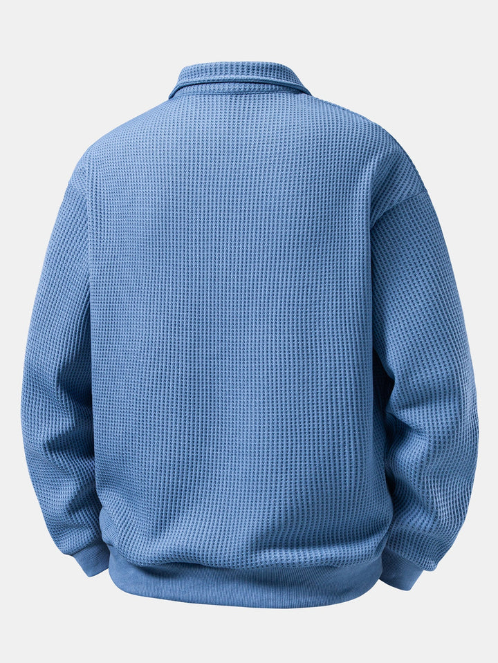 Men's Waffle Textured Polo Sweatshirt – Relaxed Fit Long Sleeve