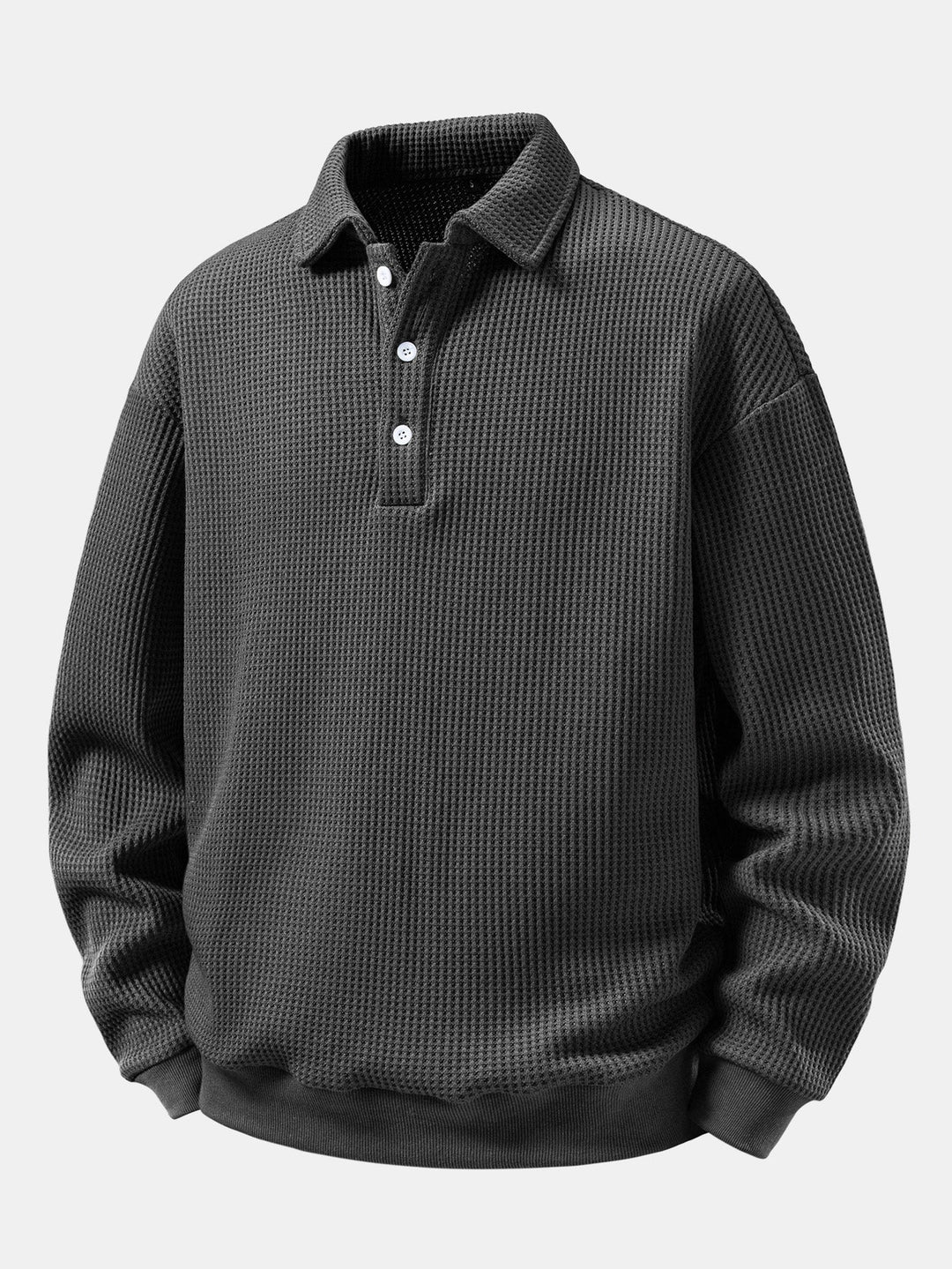 Men's Waffle Textured Polo Sweatshirt – Relaxed Fit Long Sleeve - Grey