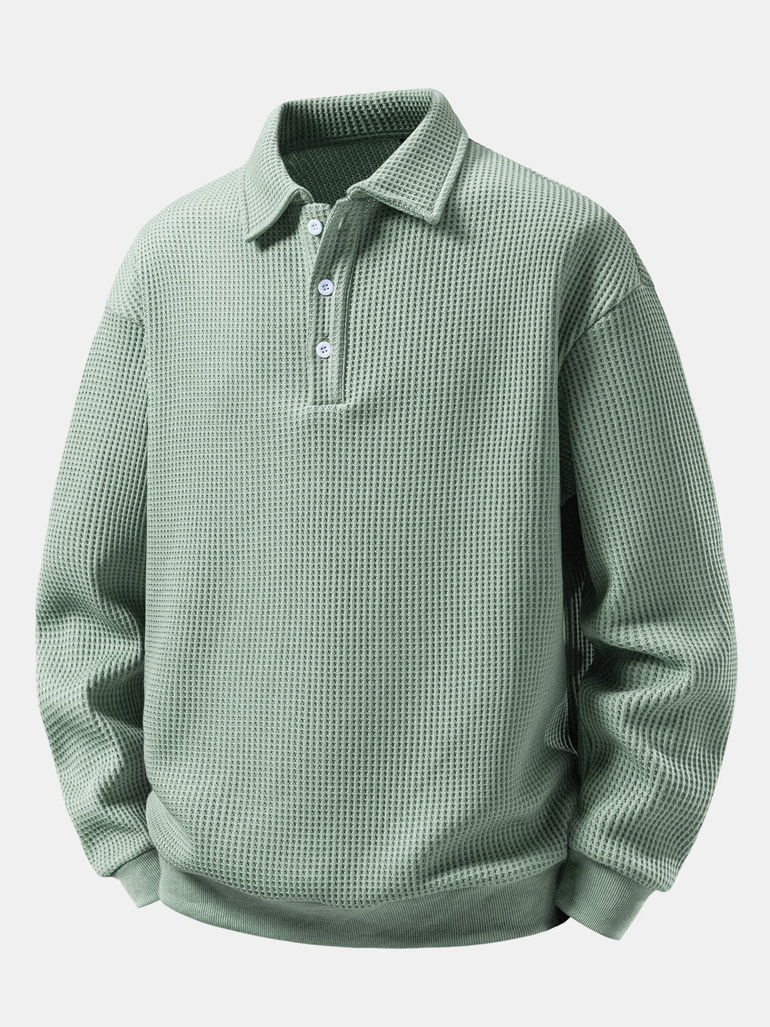 Men's Waffle Textured Polo Sweatshirt – Relaxed Fit Long Sleeve - Light Green