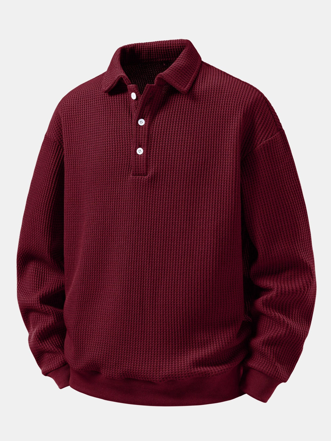 Men's Waffle Textured Polo Sweatshirt – Relaxed Fit Long Sleeve - Wine Red