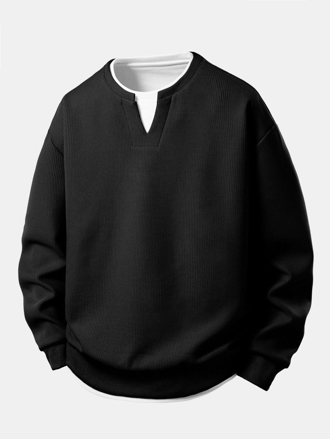 Men's Waffle Textured Sweatshirt – Relaxed Fit Crew Neck - Black