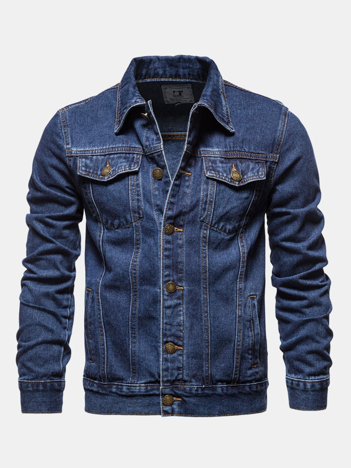 Men's Washed Denim Trucker Jacket – Classic Regular Fit - Dark Blue