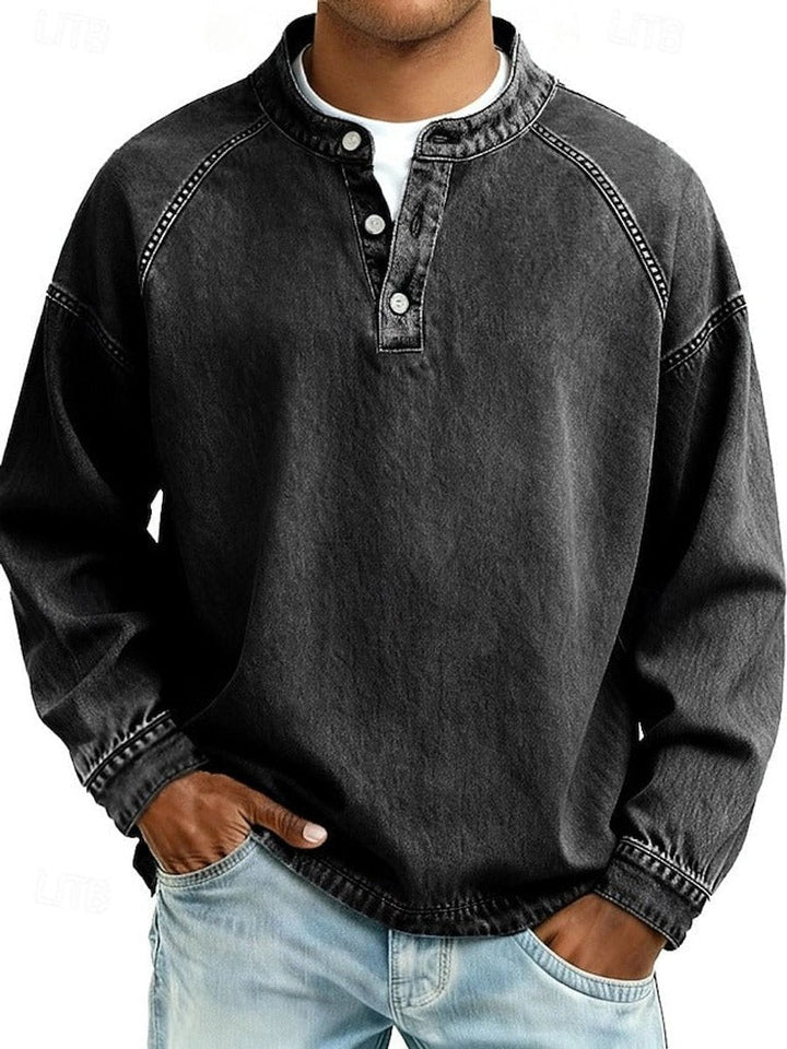 Men's Washed Henley Raglan Sweatshirt in black, Comfortable Casual Layer