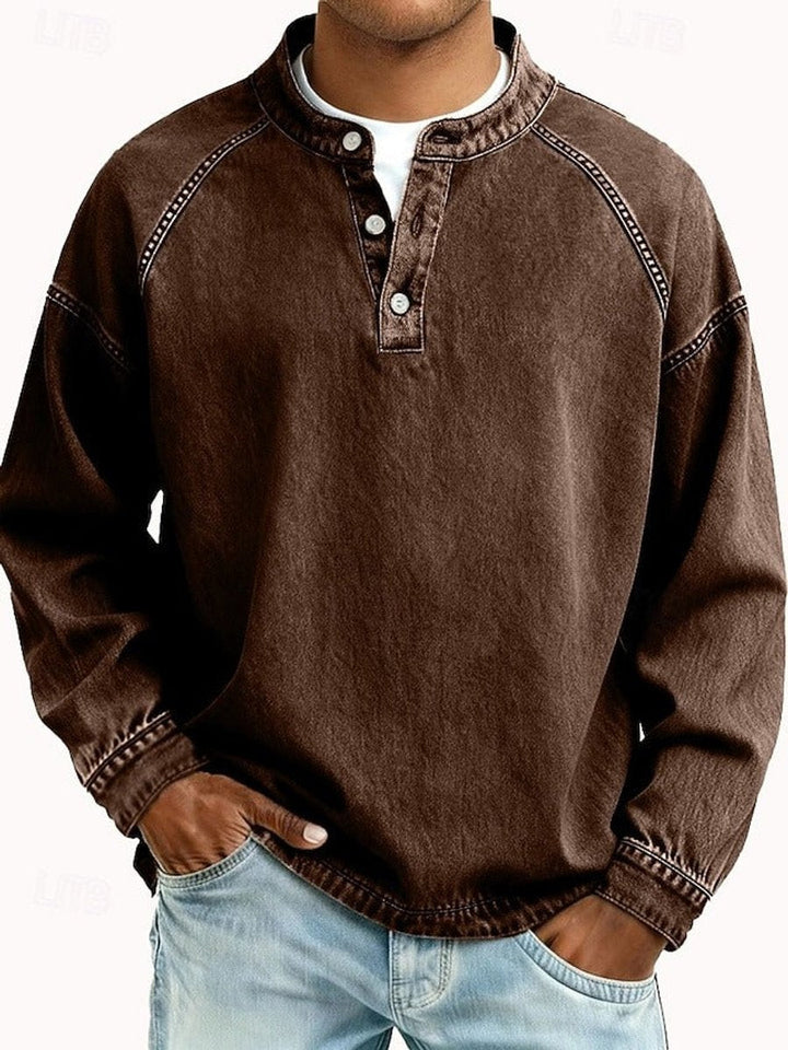 Men's Washed Henley Raglan Sweatshirt in brown, Comfortable Casual Layer