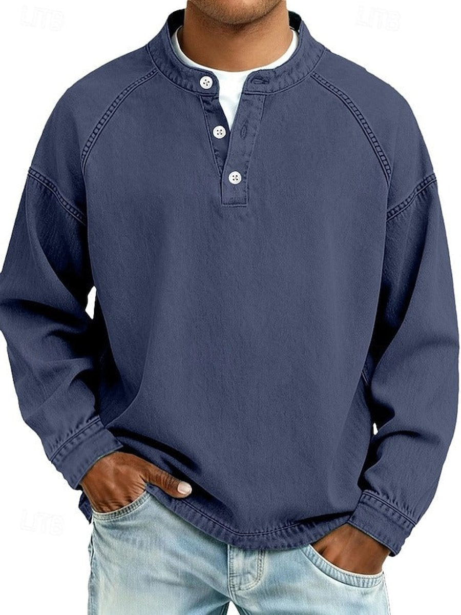 Men's Washed Henley Raglan Sweatshirt in dark blue, Comfortable Casual Layer