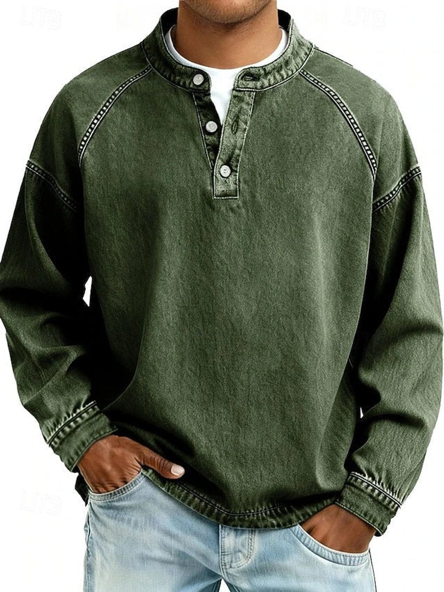 Men's Washed Henley Raglan Sweatshirt in dark green, Comfortable Casual Layer