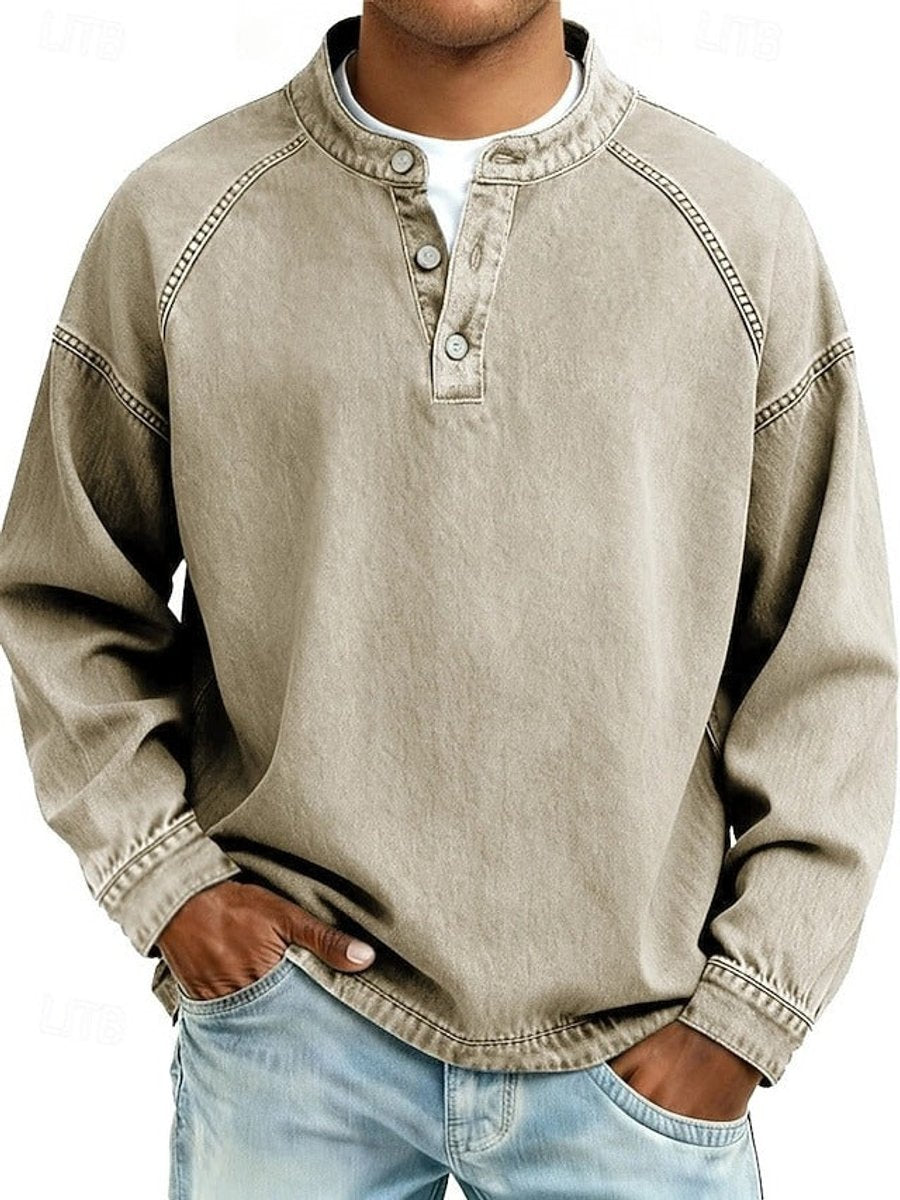 Men's Washed Henley Raglan Sweatshirt in khaki, Comfortable Casual Layer