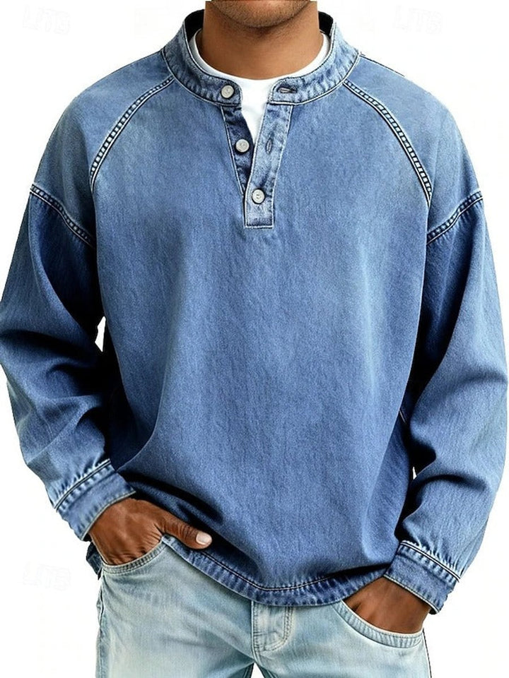 Men's Washed Henley Raglan Sweatshirt in light blue, Comfortable Casual Layer