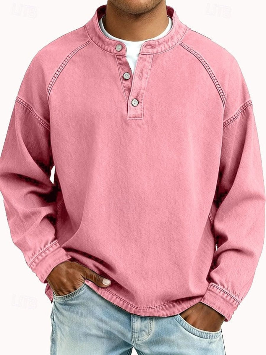 Men's Washed Henley Raglan Sweatshirt in pink, Comfortable Casual Layer