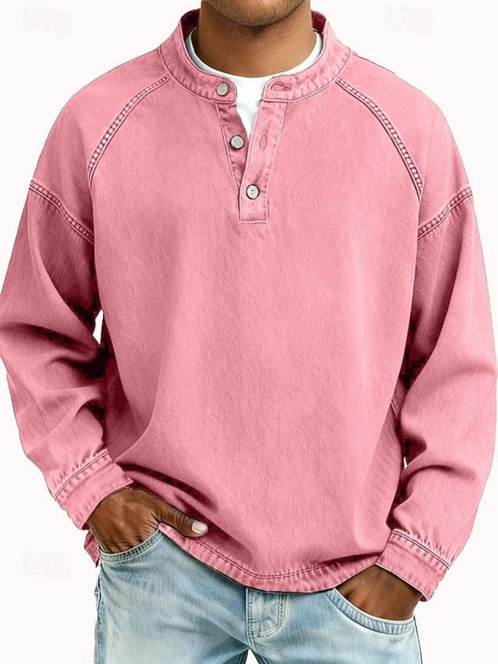 Men's Washed Henley Raglan Sweatshirt in pink, Comfortable Casual Layer