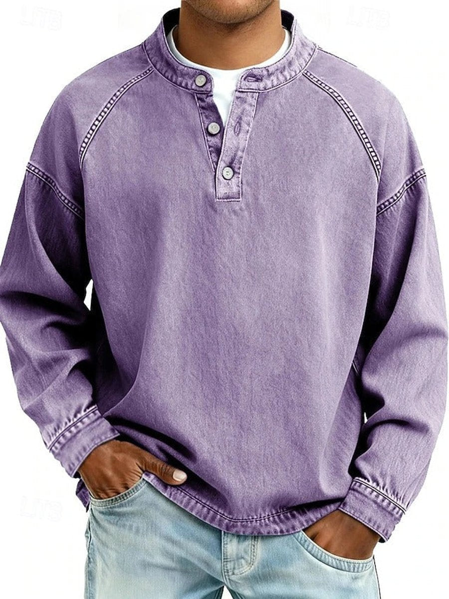 Men's Washed Henley Raglan Sweatshirt in purple, Comfortable Casual Layer