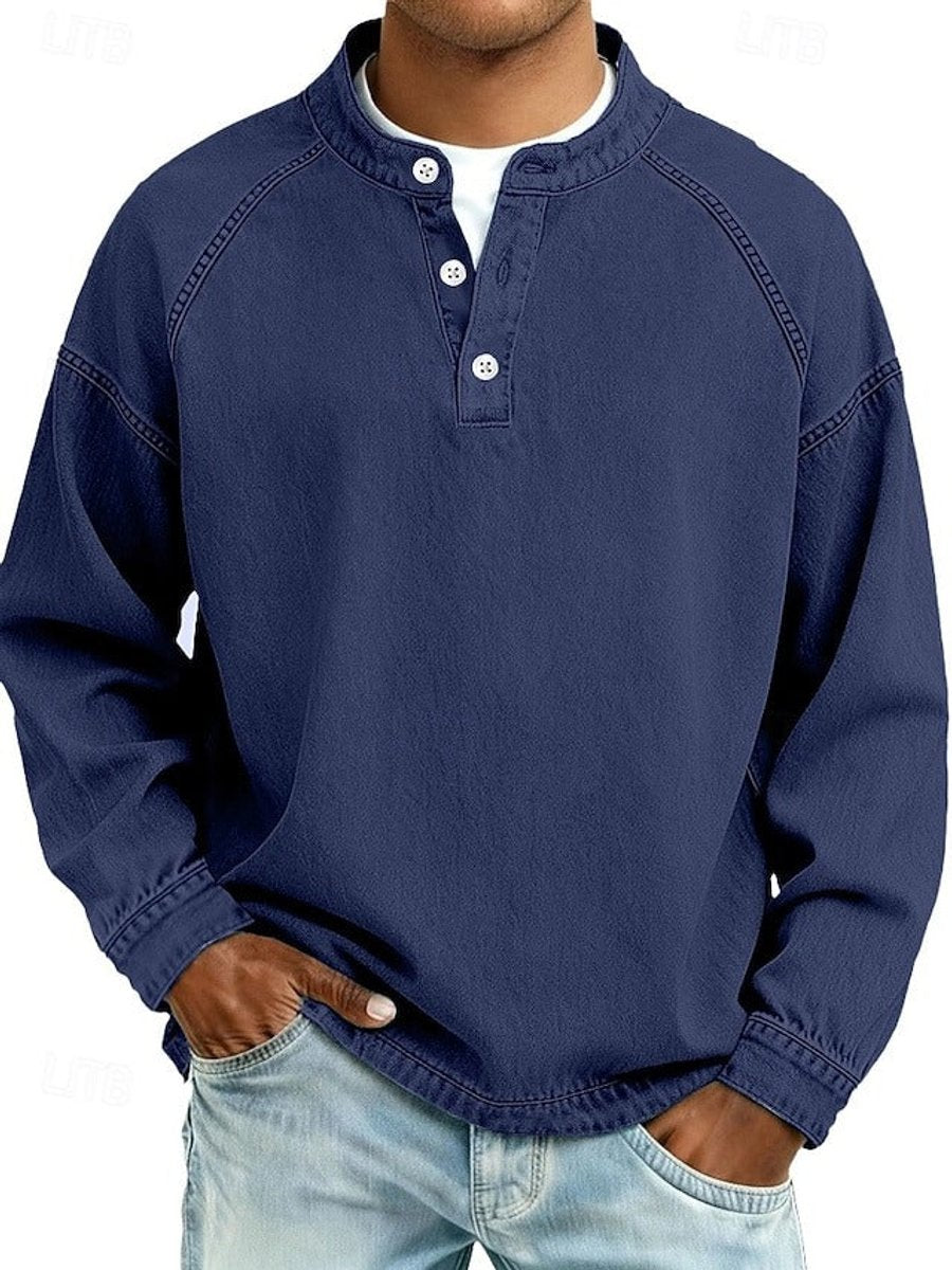 Men's Washed Henley Raglan Sweatshirt in royal blue, Comfortable Casual Layer