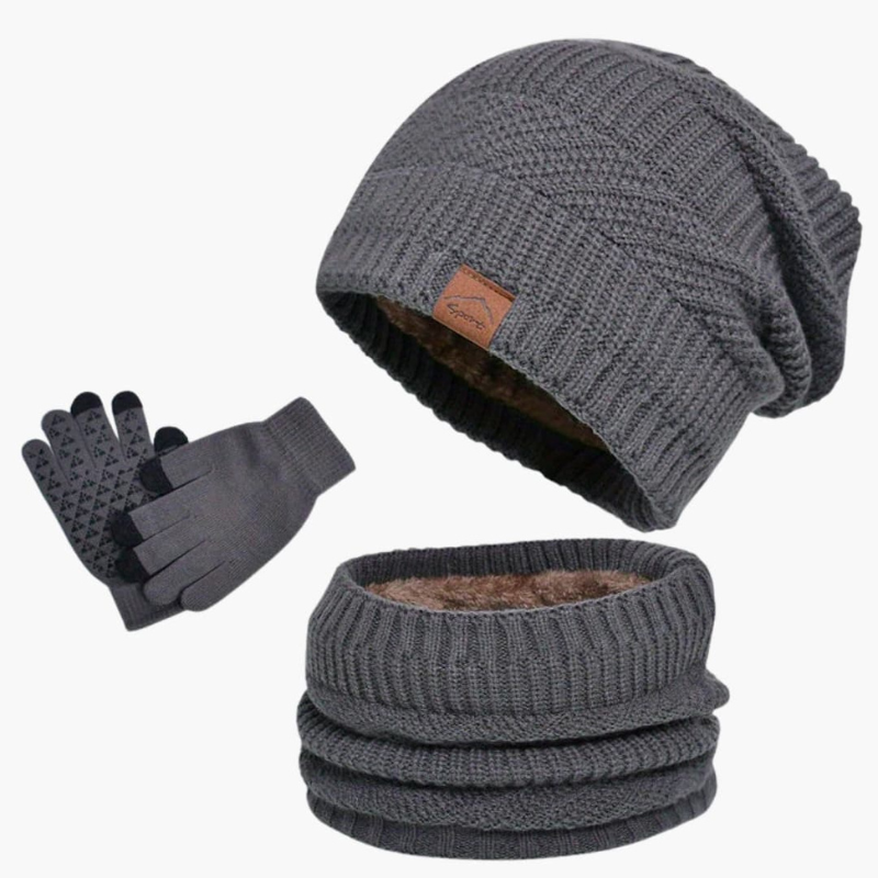 Men's Winter Beanie, Scarf & Gloves Set - Warm 3-Piece Bundle - Grey